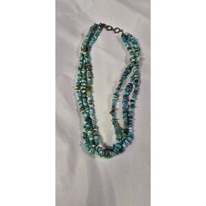 925 Stamped Three Strand Turquoise Nugget And Sterling Silver Necklace